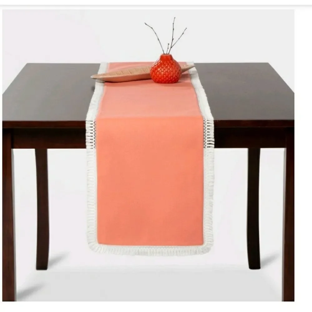 Opalhouse table runner salmon pink with white crochet Fringe trim